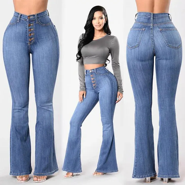 مجموعة اروين ARWEN & AJH GROUP Blue Flare Skinny Jeans Women High Waist Buttons Denim Pants Trousers Full Length Butt Lifting Casual Jeans Plus Size Femme