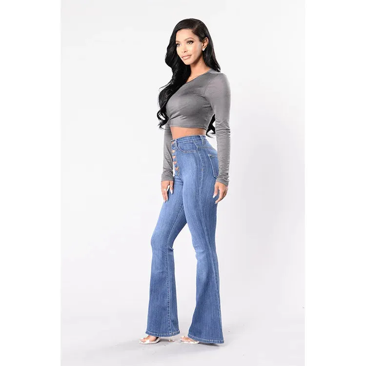 مجموعة اروين ARWEN & AJH GROUP Blue Flare Skinny Jeans Women High Waist Buttons Denim Pants Trousers Full Length Butt Lifting Casual Jeans Plus Size Femme