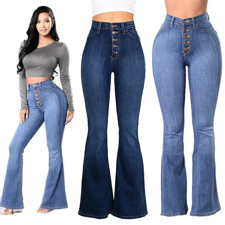 مجموعة اروين ARWEN & AJH GROUP Blue Flare Skinny Jeans Women High Waist Buttons Denim Pants Trousers Full Length Butt Lifting Casual Jeans Plus Size Femme