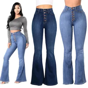 مجموعة اروين ARWEN & AJH GROUP Blue Flare Skinny Jeans Women High Waist Buttons Denim Pants Trousers Full Length Butt Lifting Casual Jeans Plus Size Femme