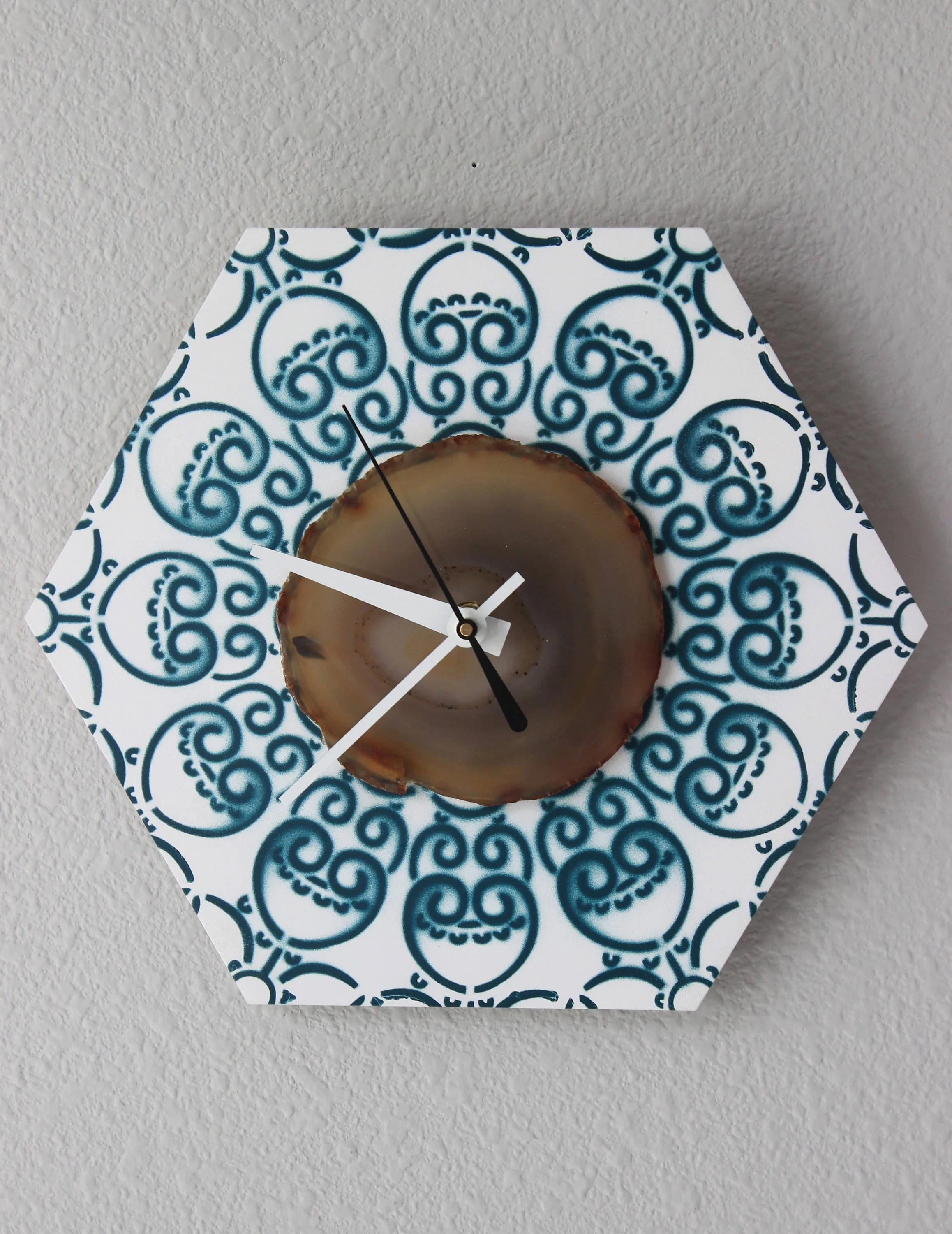 10" Natural Agate Hex Wood Wall Clock