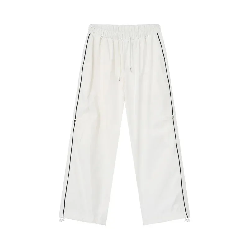 American Style Loose Men's Sports Pants Causal Lace-up Wide Leg Male Side Striped Trousers Simple Summer 9C6154