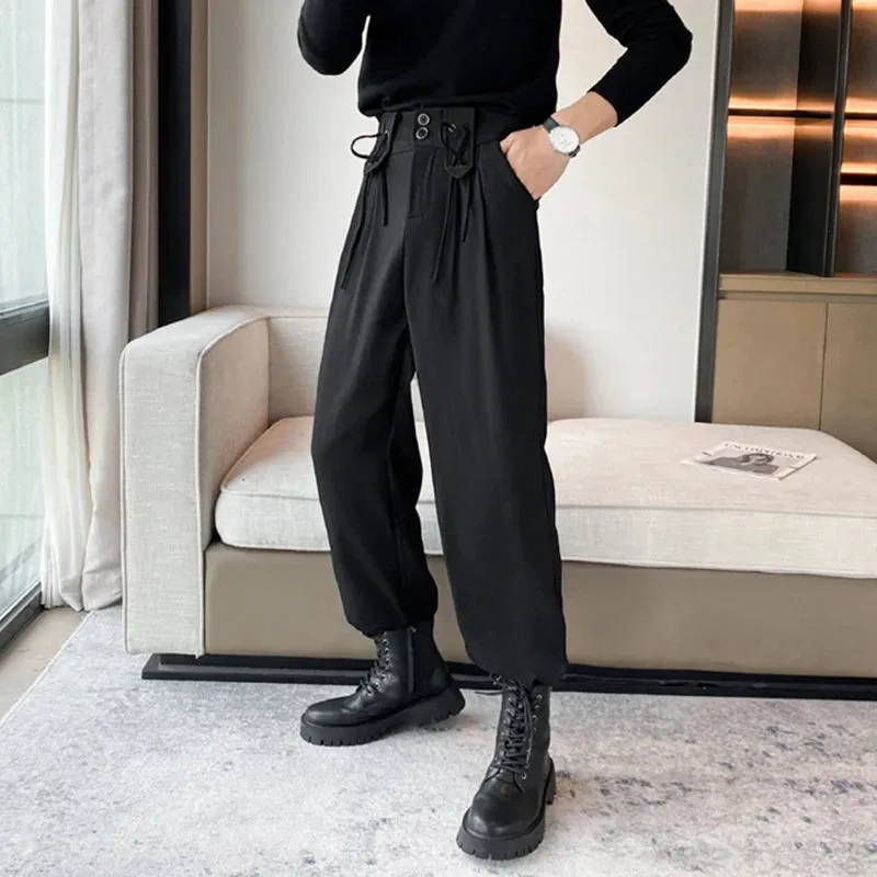 Autumn Mne's Casual Pants Solid Color Lace-up Design Casual Suit Trousers Fashion Men Balck Bottoms Simple 9C2397