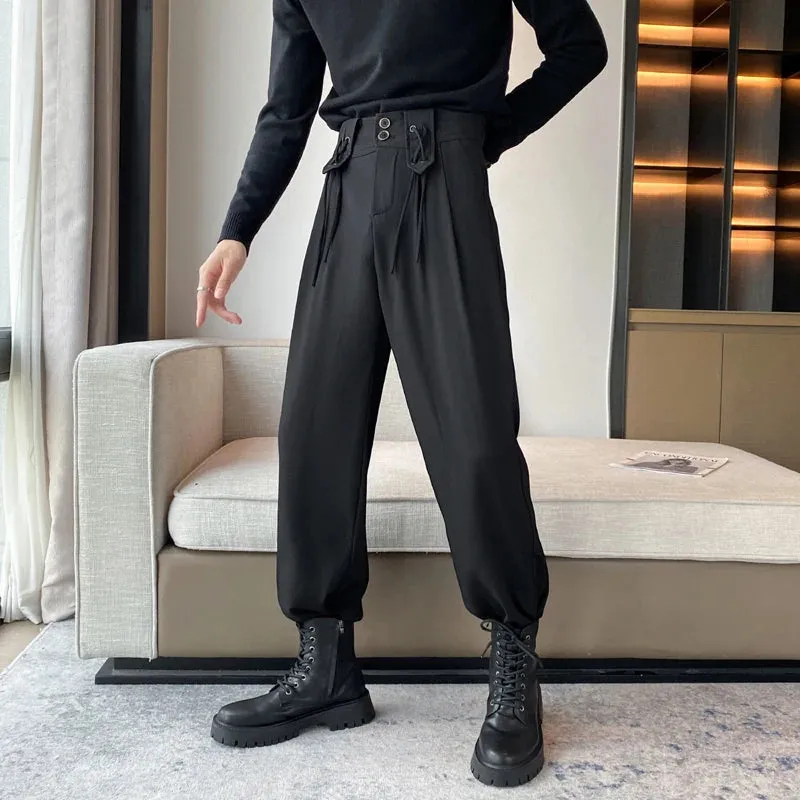 Autumn Mne's Casual Pants Solid Color Lace-up Design Casual Suit Trousers Fashion Men Balck Bottoms Simple 9C2397