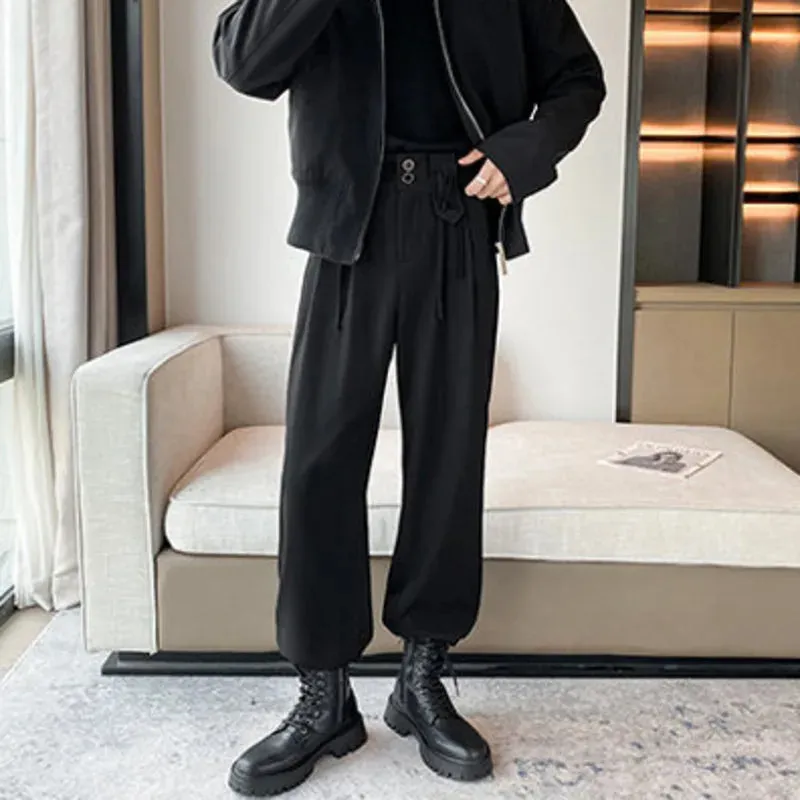 Autumn Mne's Casual Pants Solid Color Lace-up Design Casual Suit Trousers Fashion Men Balck Bottoms Simple 9C2397