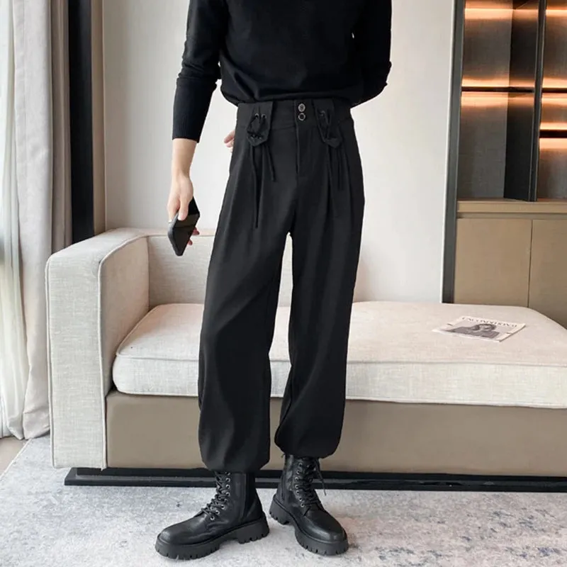 Autumn Mne's Casual Pants Solid Color Lace-up Design Casual Suit Trousers Fashion Men Balck Bottoms Simple 9C2397