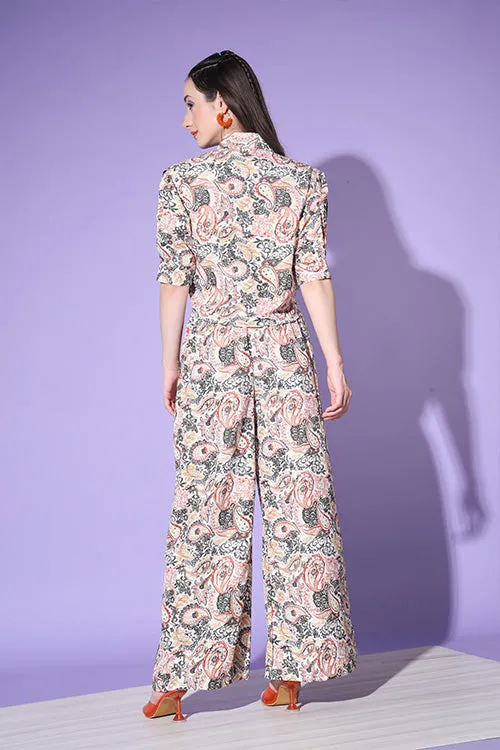 Beige Printed Shirt With Trouser Co-Ord Set