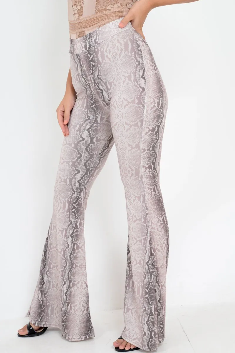 Beige Snake Print High Waisted Flared Trousers - Kamryn