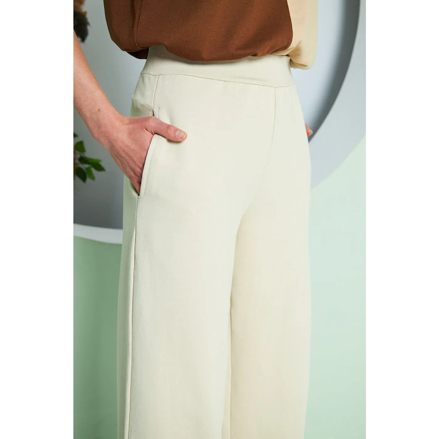 Beige Wide Leg Long Trousers