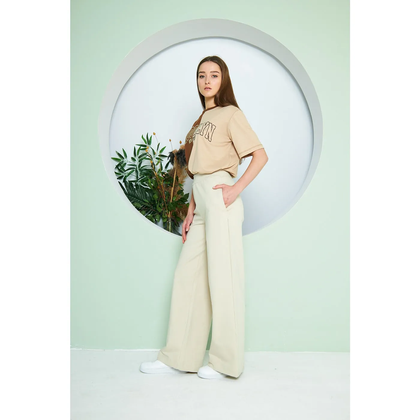 Beige Wide Leg Long Trousers