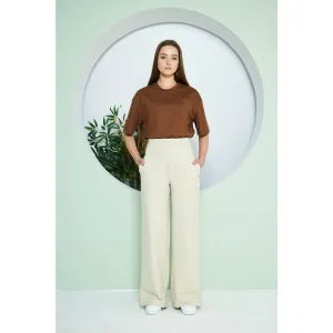 Beige Wide Leg Long Trousers