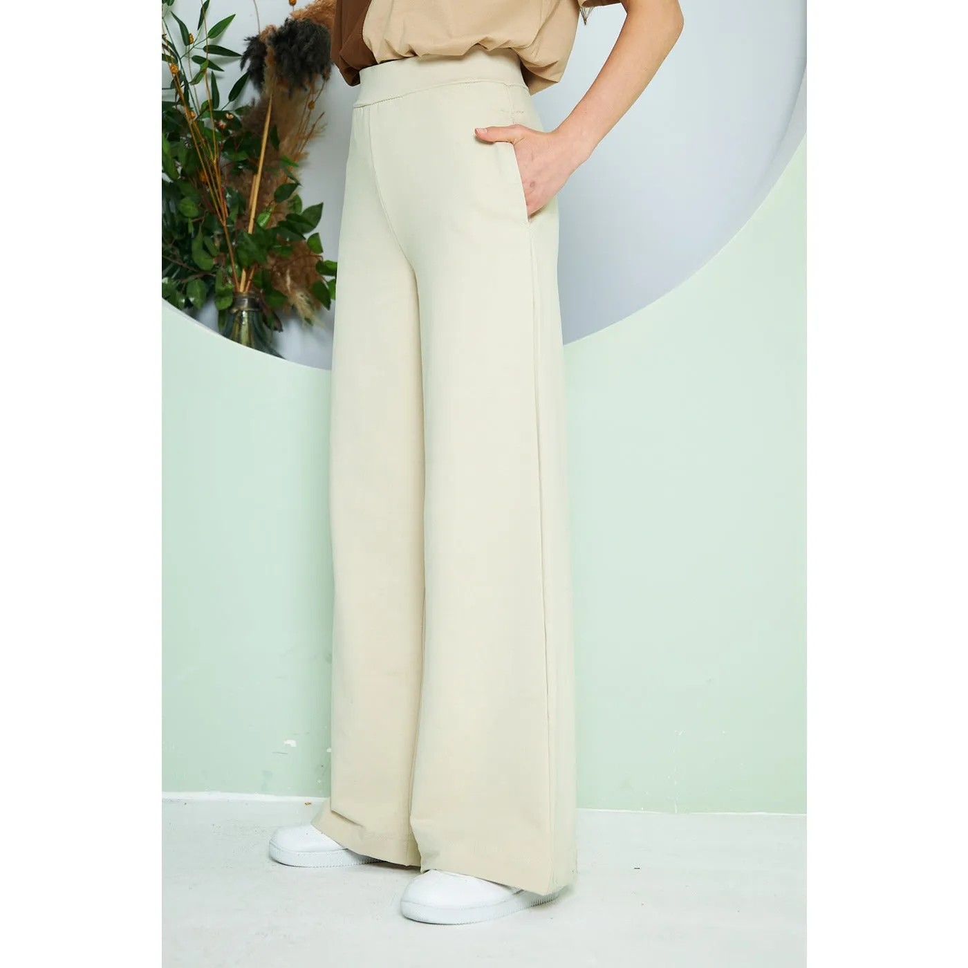 Beige Wide Leg Long Trousers