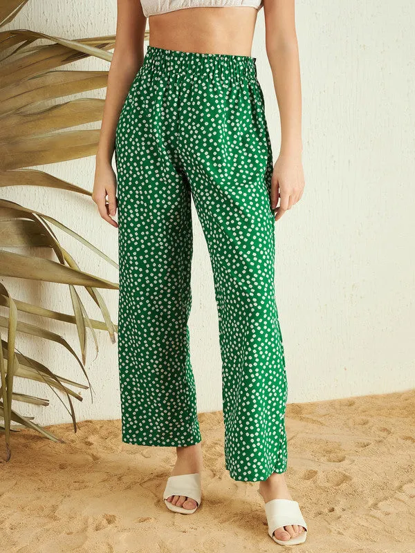 Berrylush Women Green & White Floral Printed High-Rise Elastic Waist Slip-On Pleated Regular Parallel Trousers