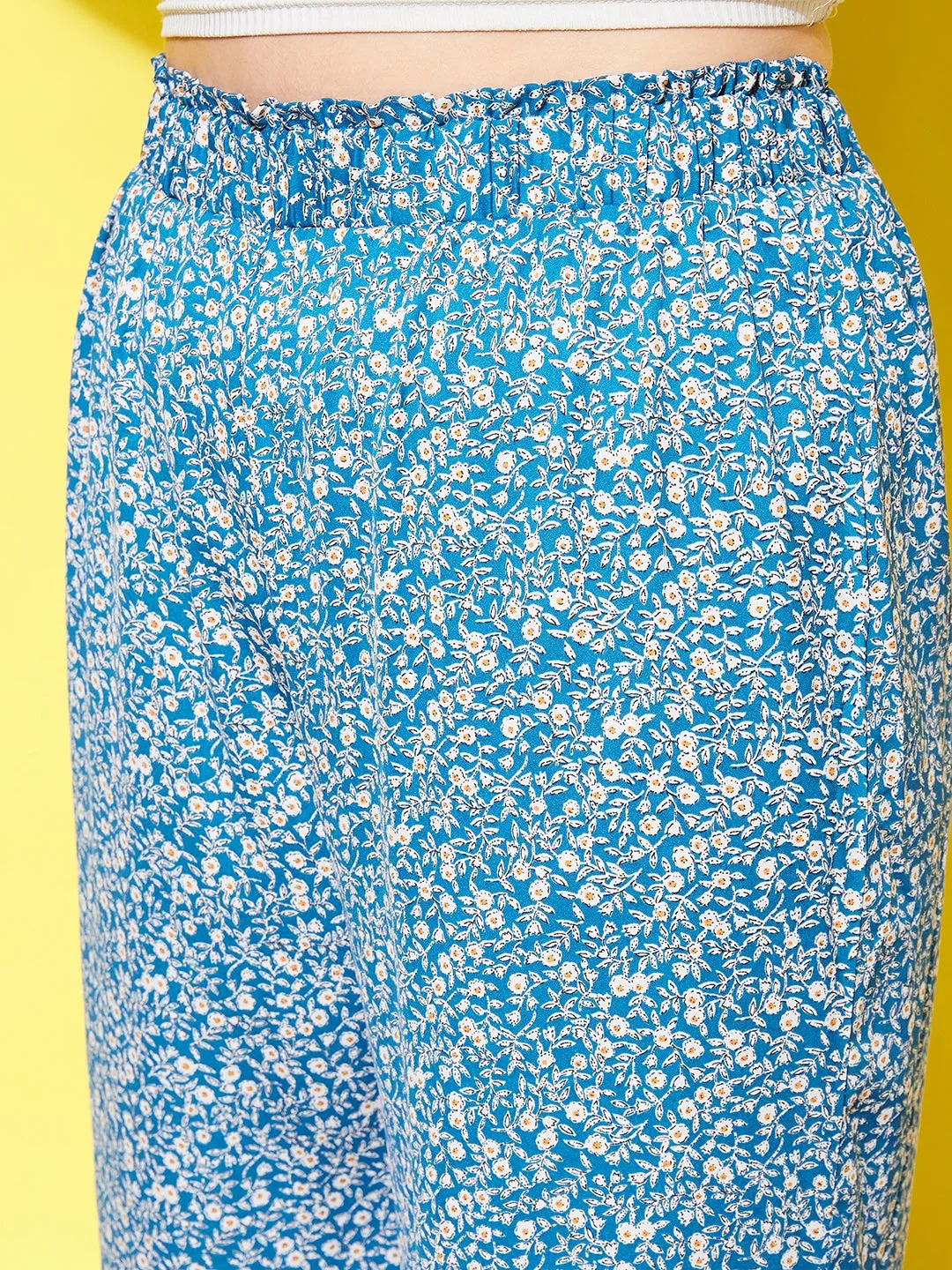 Berrylush Women Plus Size Blue & White Floral Printed High-Rise Elastic Waist Slip-On Regular Trousers