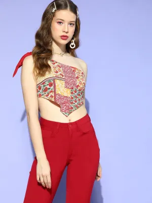 Berrylush Women Red & Yellow Floral Printed One-Shoulder Neck Tie-Up Strap Crepe Cropped Top