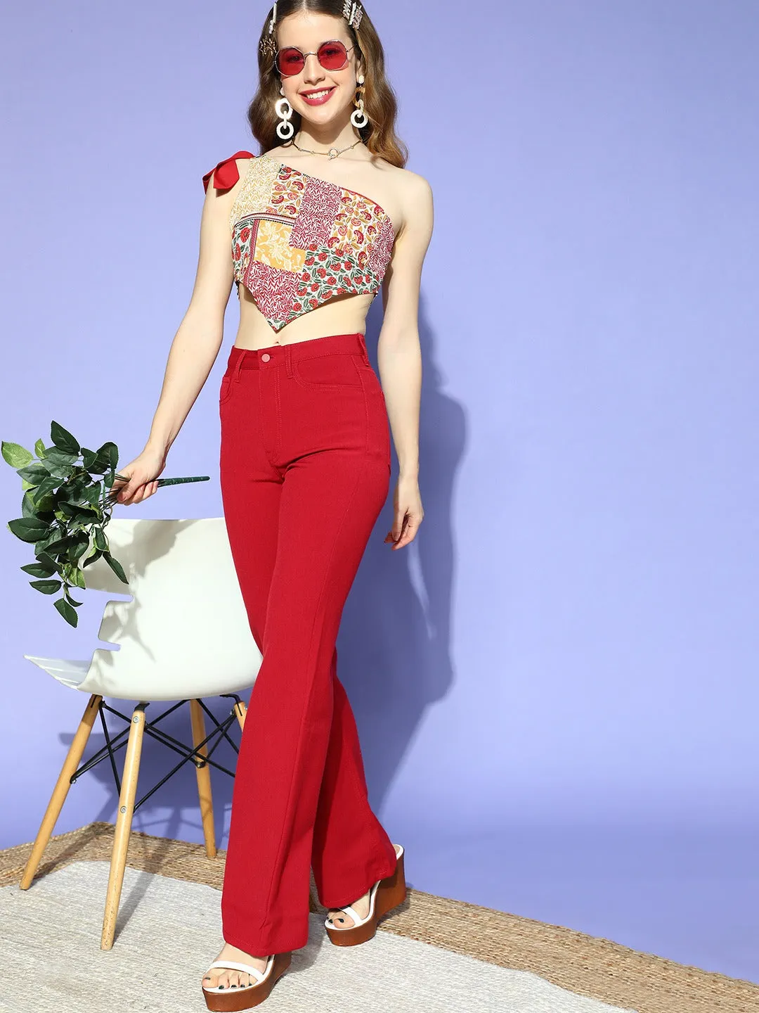 Berrylush Women Red & Yellow Floral Printed One-Shoulder Neck Tie-Up Strap Crepe Cropped Top