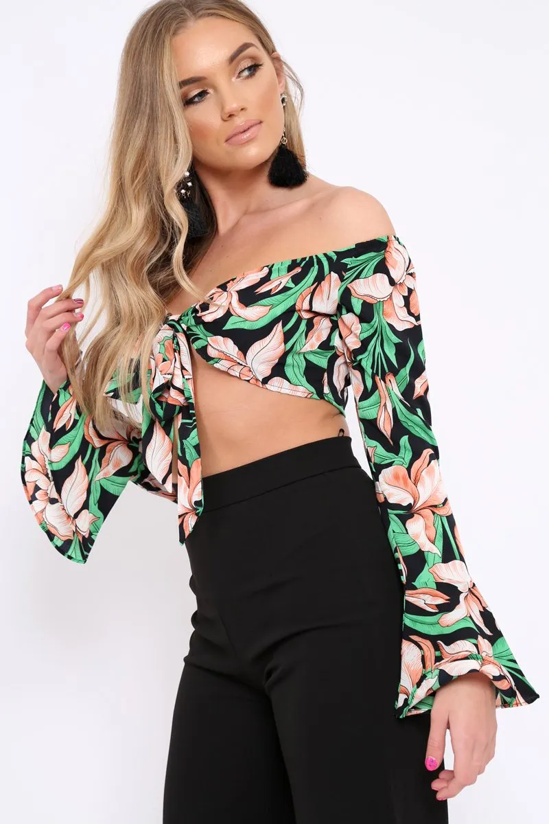 Black Floral Bardot Crop Top - Fliss