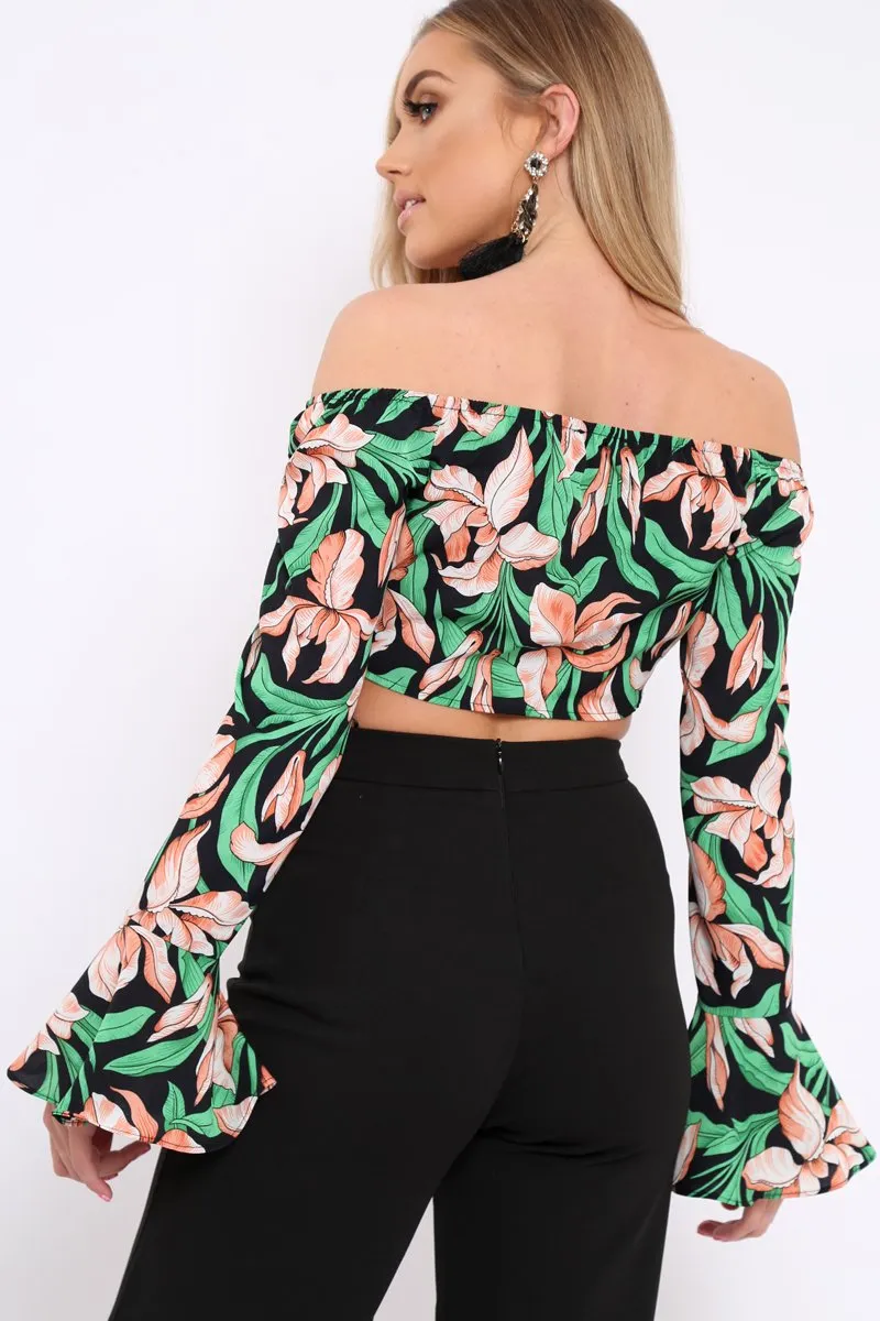 Black Floral Bardot Crop Top - Fliss