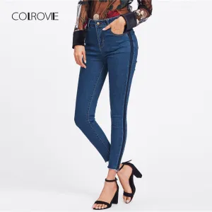 Blue Side Striped Casual Denim Jeans Women  Autumn Ripped Mid Waist Skinny Jeans Female Pencil Pants Washed Jeans