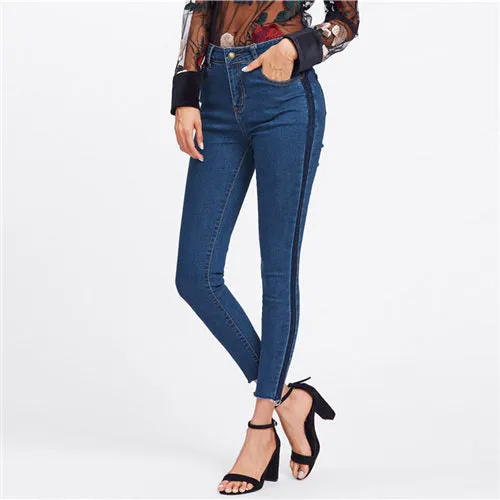 Blue Side Striped Casual Denim Jeans Women  Autumn Ripped Mid Waist Skinny Jeans Female Pencil Pants Washed Jeans