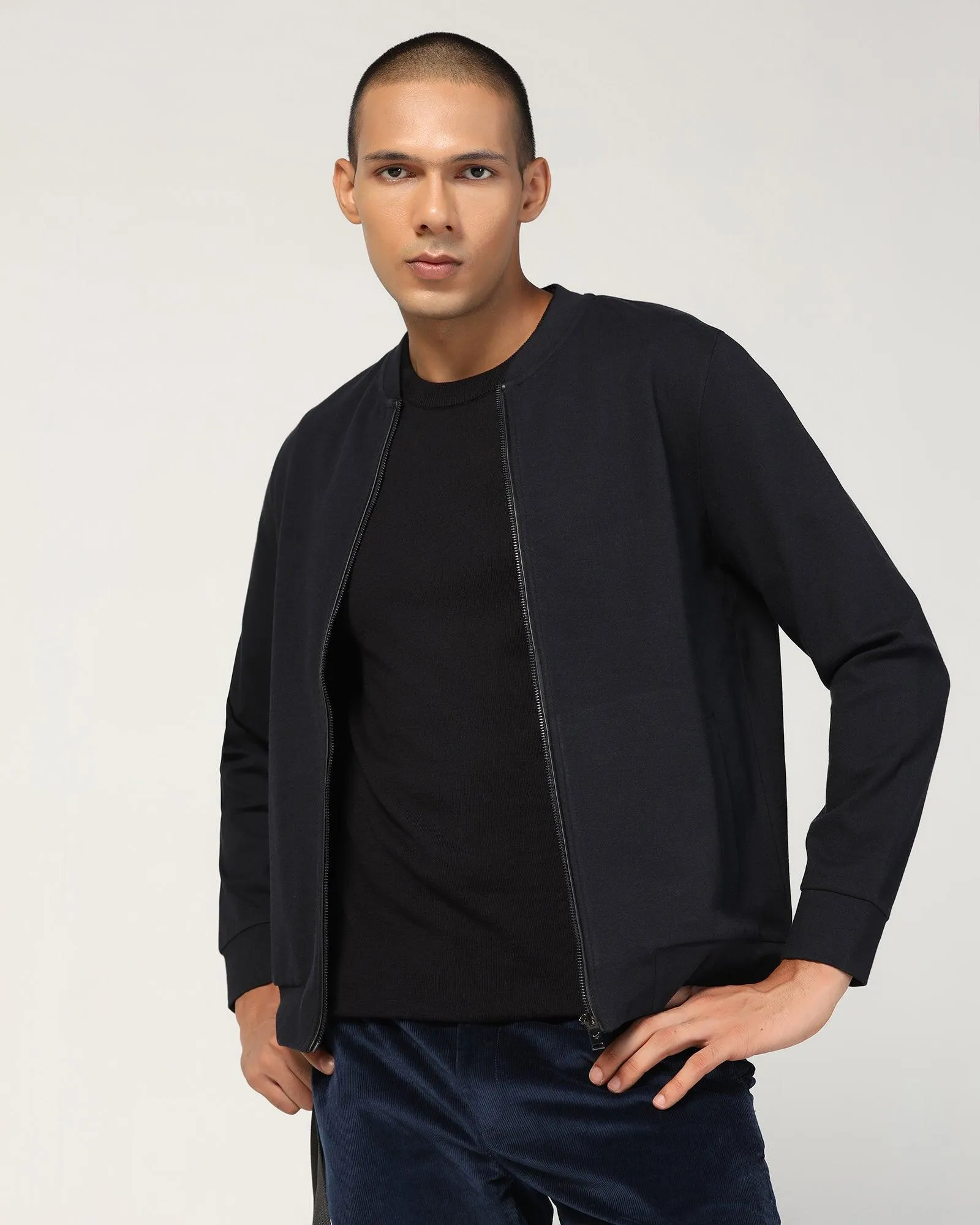 Bomber Neck Navy Solid Sweatshirt - Boris