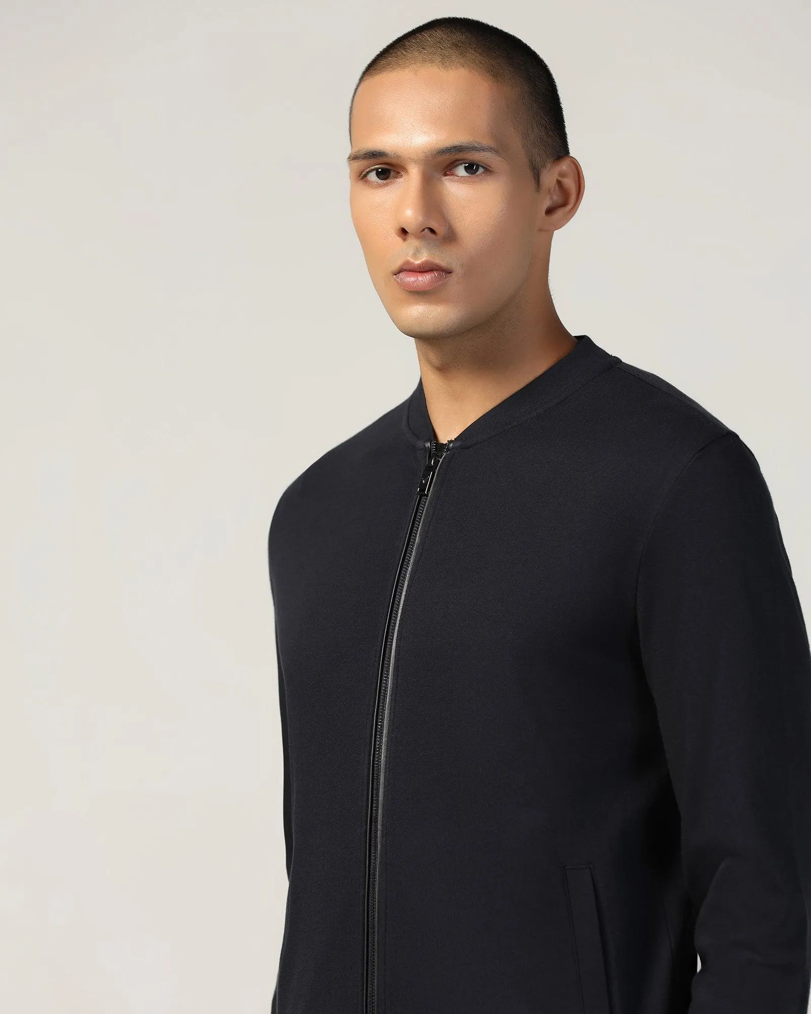 Bomber Neck Navy Solid Sweatshirt - Boris