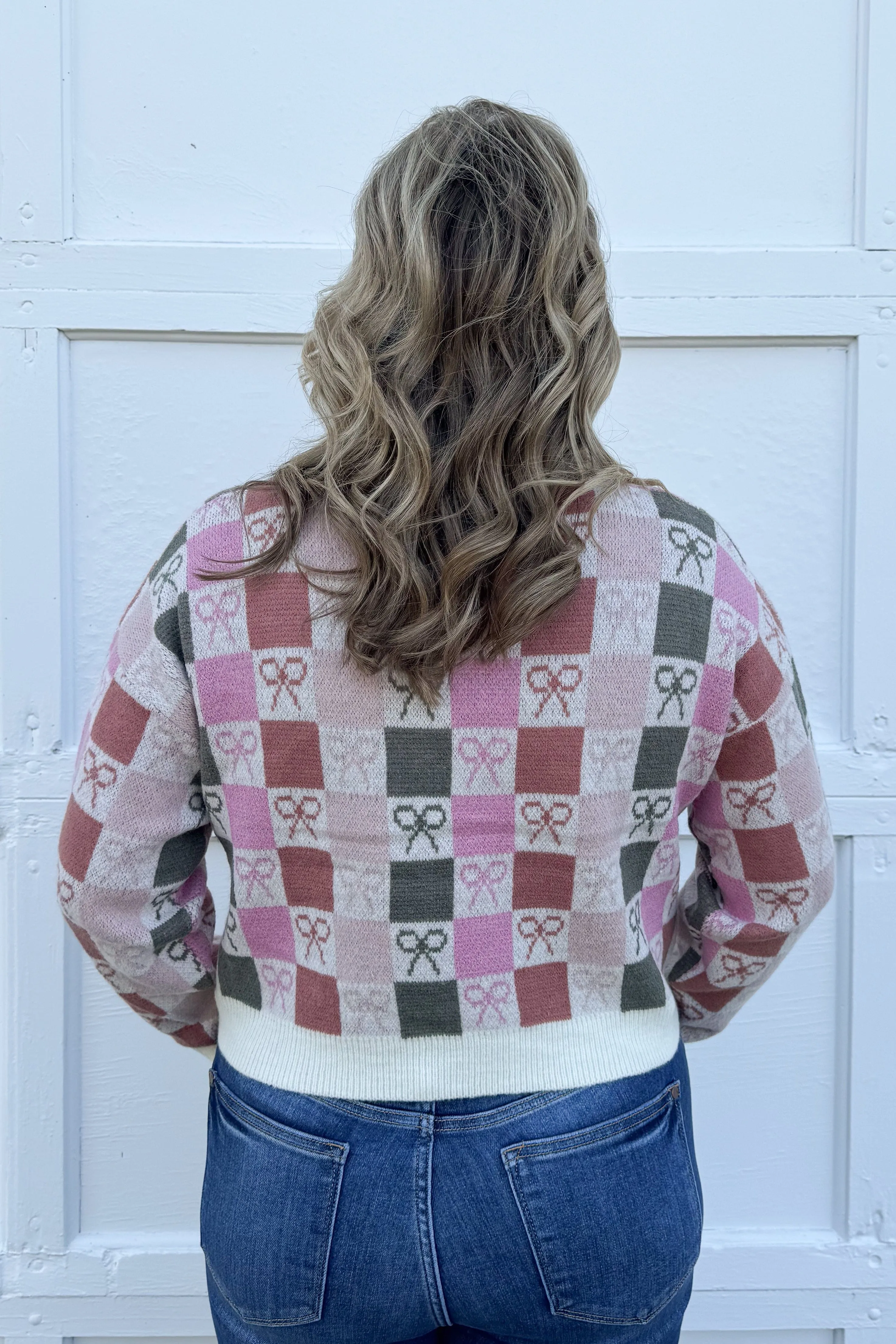 Checkered Bows Cropped Sweater