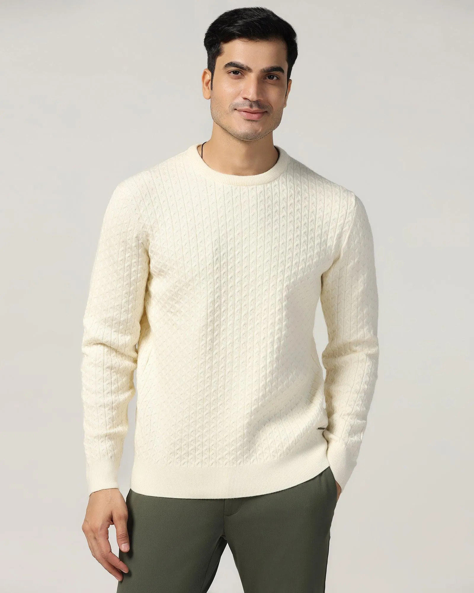 Crew Neck Off White Structure Sweater - Jiggle