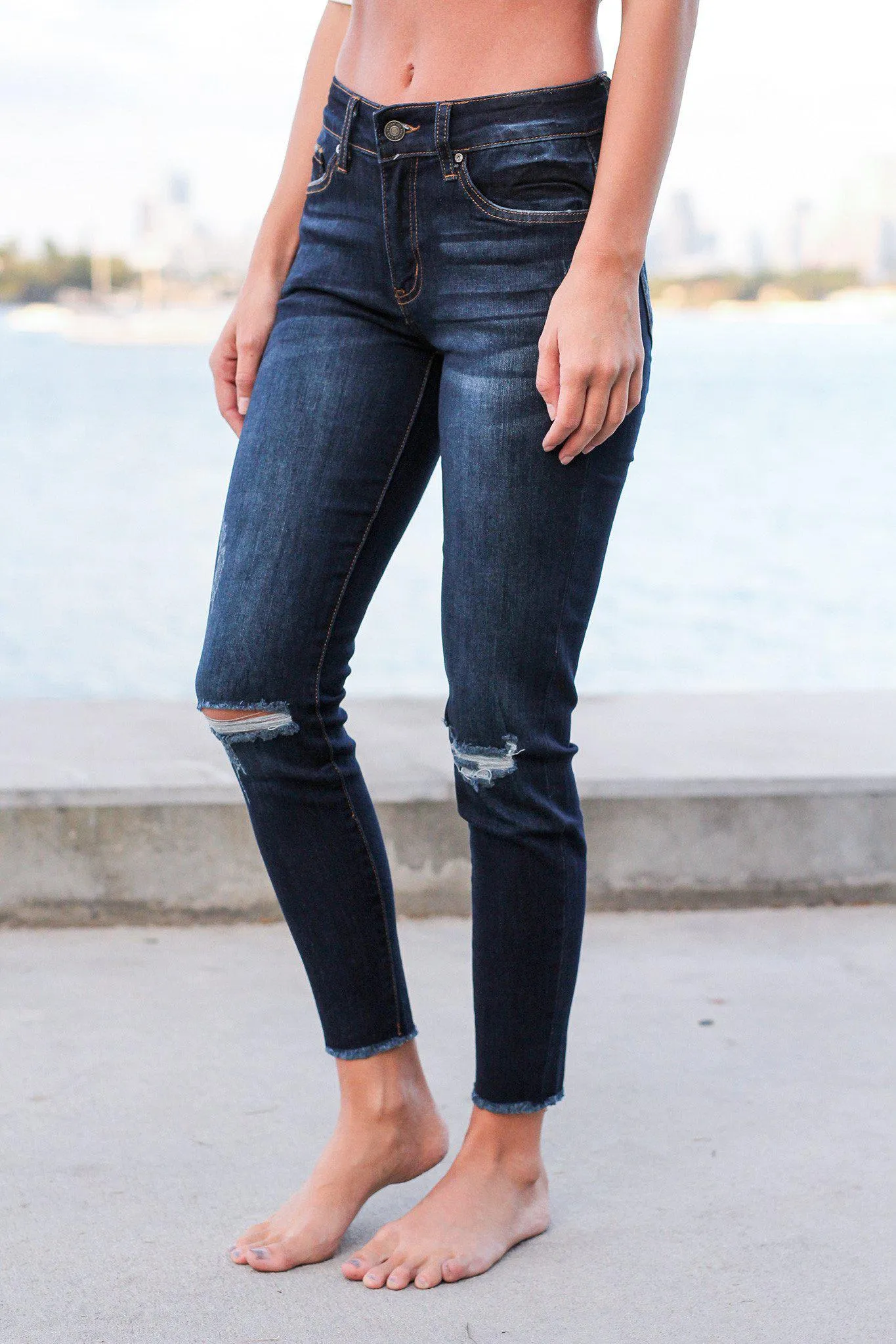 Dark Distressed Cropped Jeans