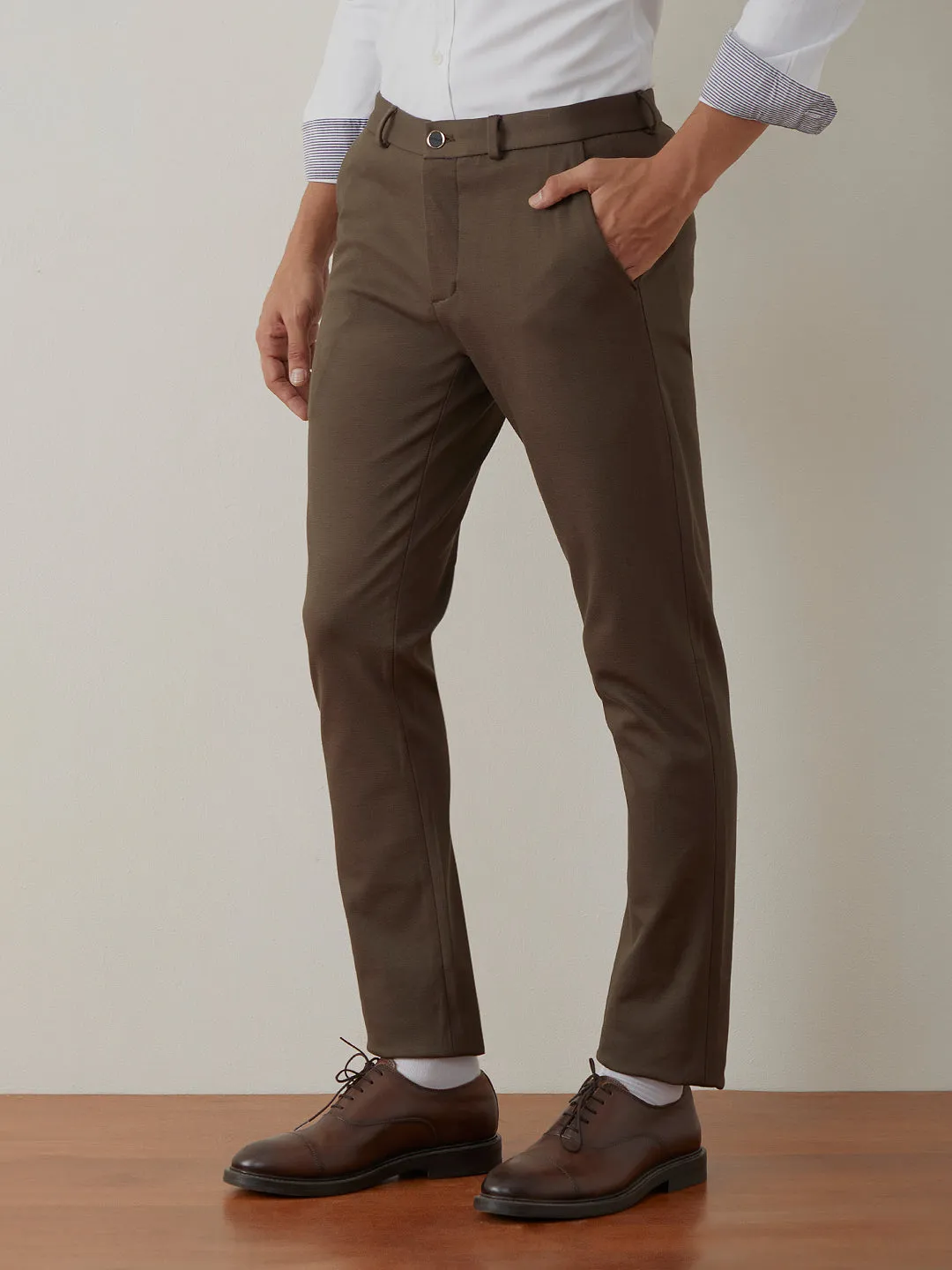 Dark Olive Plain Bi-Stretch Trousers