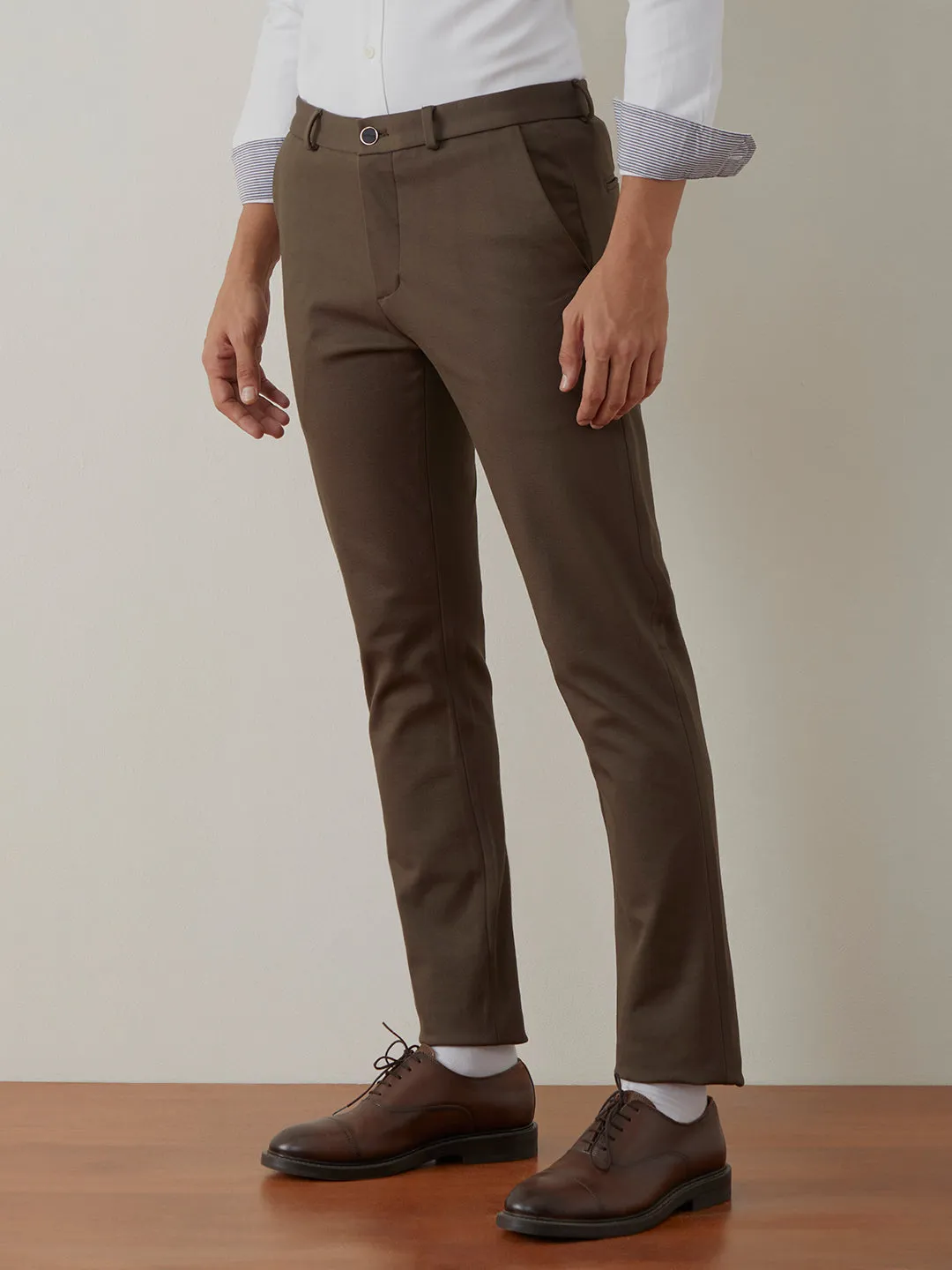 Dark Olive Plain Bi-Stretch Trousers