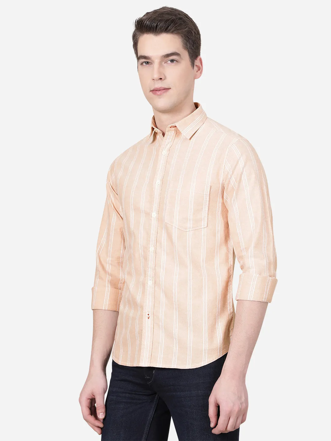 Dusty Pink Striped Slim Fit Semi Casual Shirt | Greenfibre