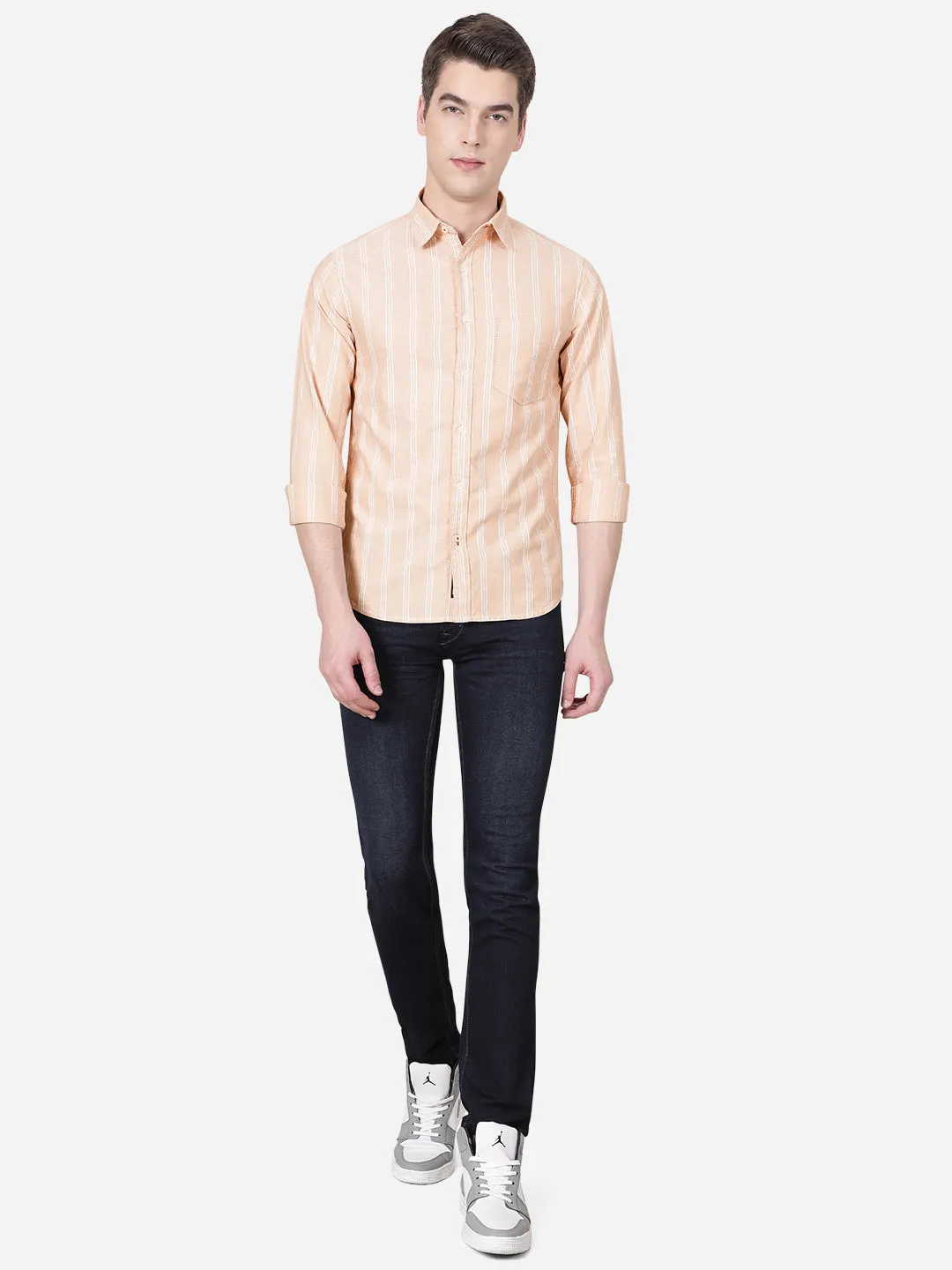 Dusty Pink Striped Slim Fit Semi Casual Shirt | Greenfibre