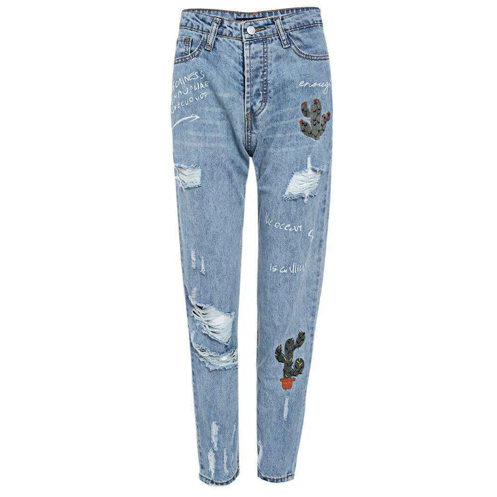 Embroidered Cacti Jeans