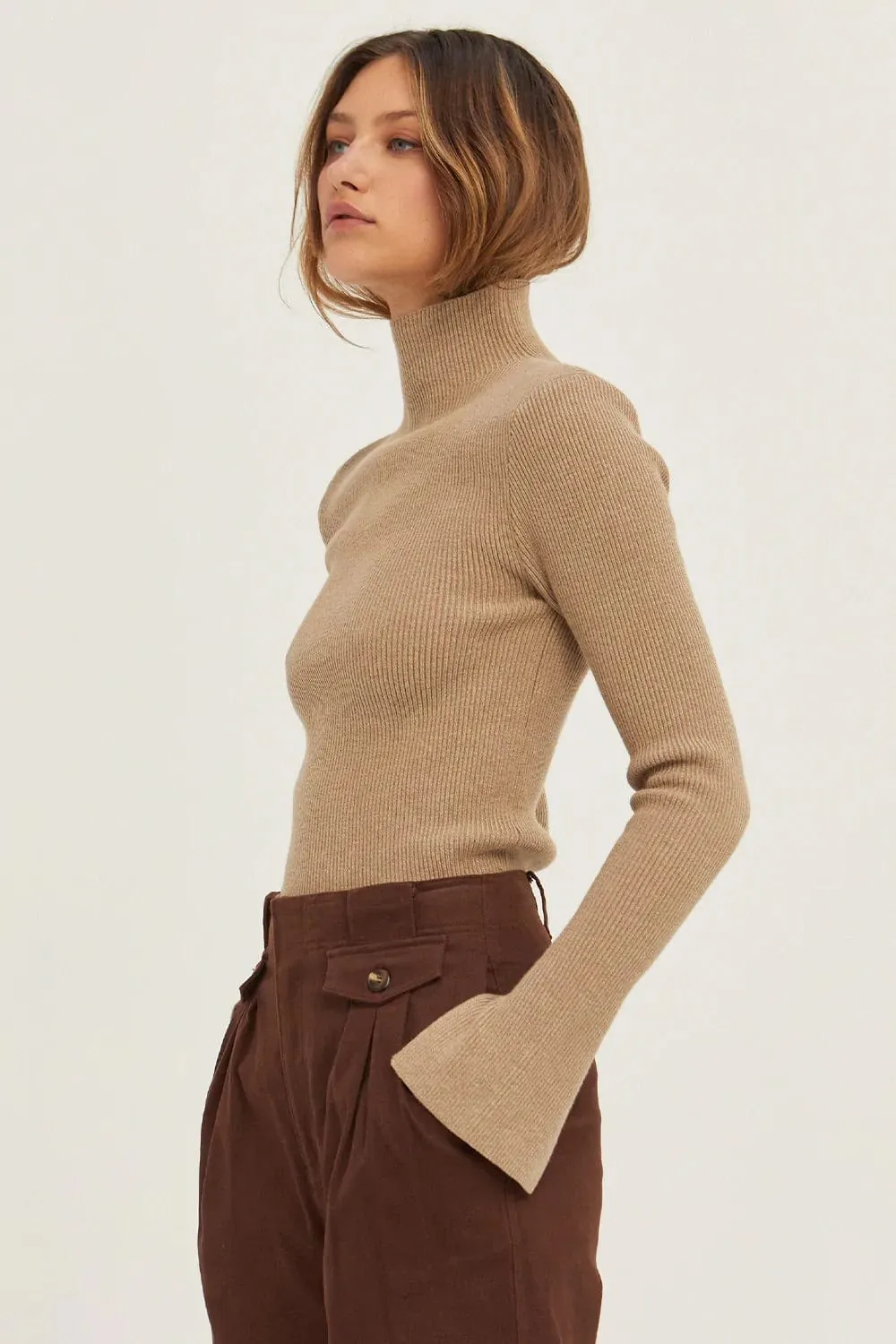 Erika Ribbed Knit Fitted Turtleneck Sweater Top in Taupe