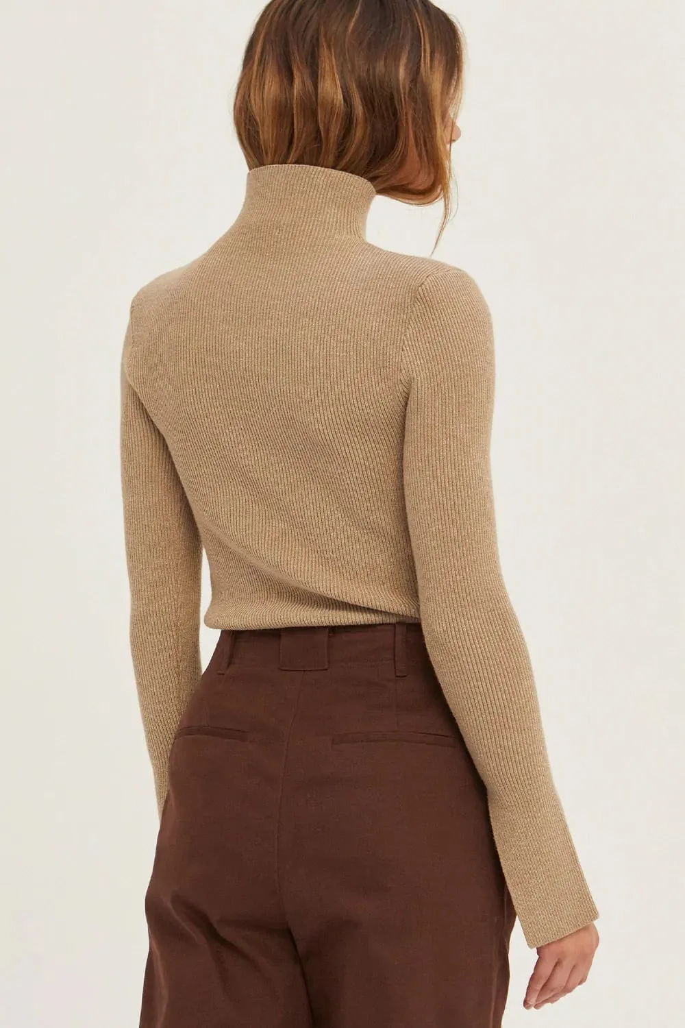 Erika Ribbed Knit Fitted Turtleneck Sweater Top in Taupe