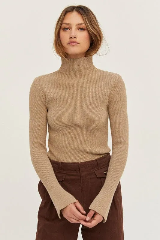 Erika Ribbed Knit Fitted Turtleneck Sweater Top in Taupe