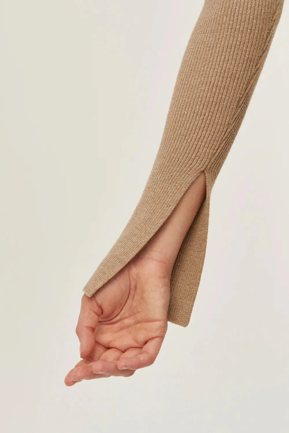 Erika Ribbed Knit Fitted Turtleneck Sweater Top in Taupe