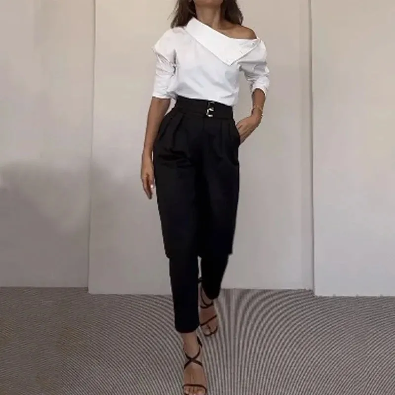 Fashion High Collar Oblique Shoulder Tops Blouse And Pants Women