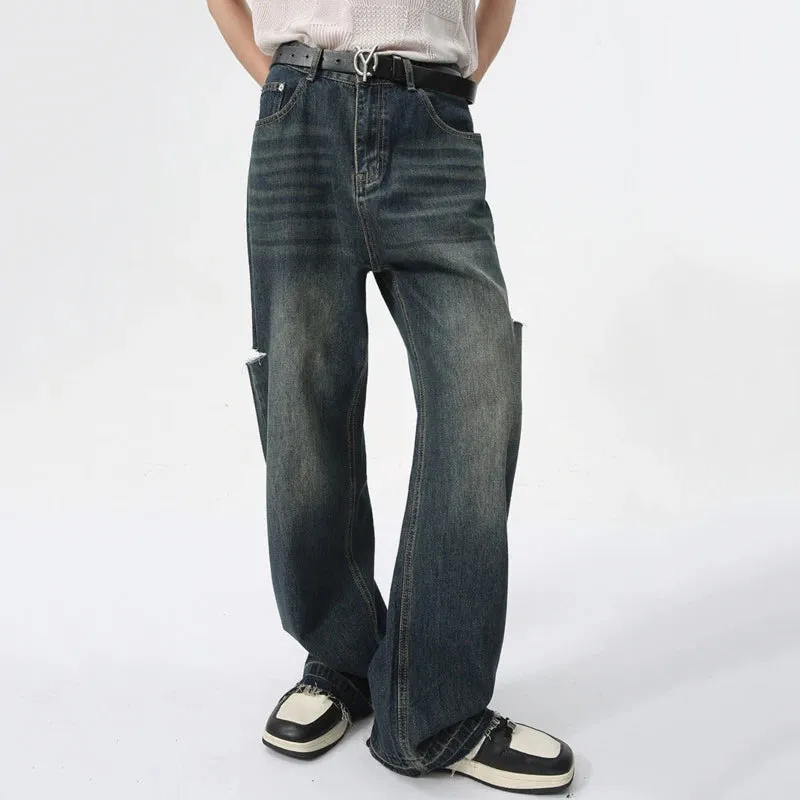 Fashion Loose Men's Straight Pants American Style Casual Hole Worn-out Design Wide Leg Jeans Summer Trend 9C6153