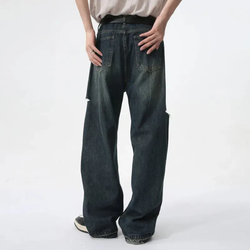 Fashion Loose Men's Straight Pants American Style Casual Hole Worn-out Design Wide Leg Jeans Summer Trend 9C6153