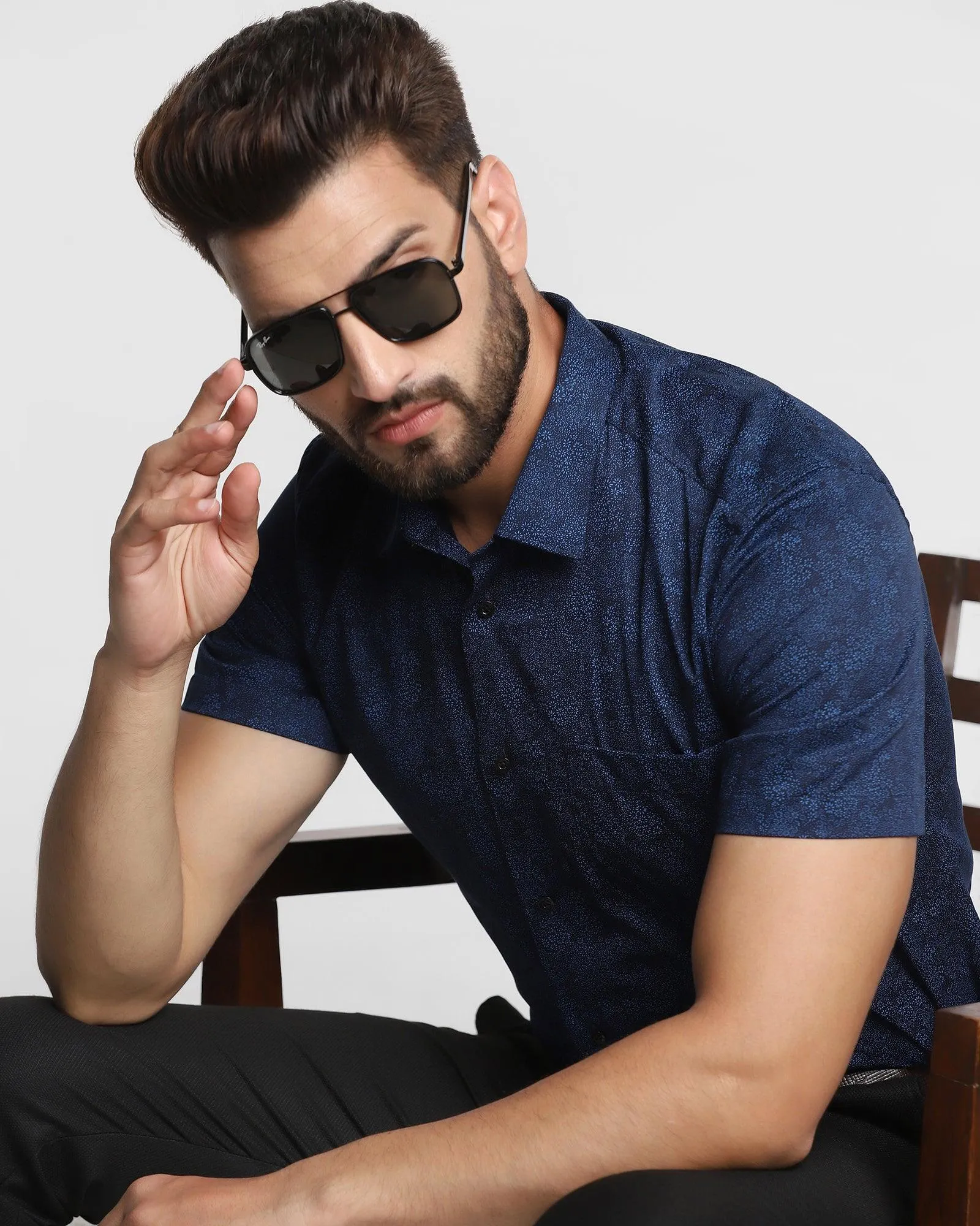 Formal Half Sleeve Blue Printed Shirt - Mark