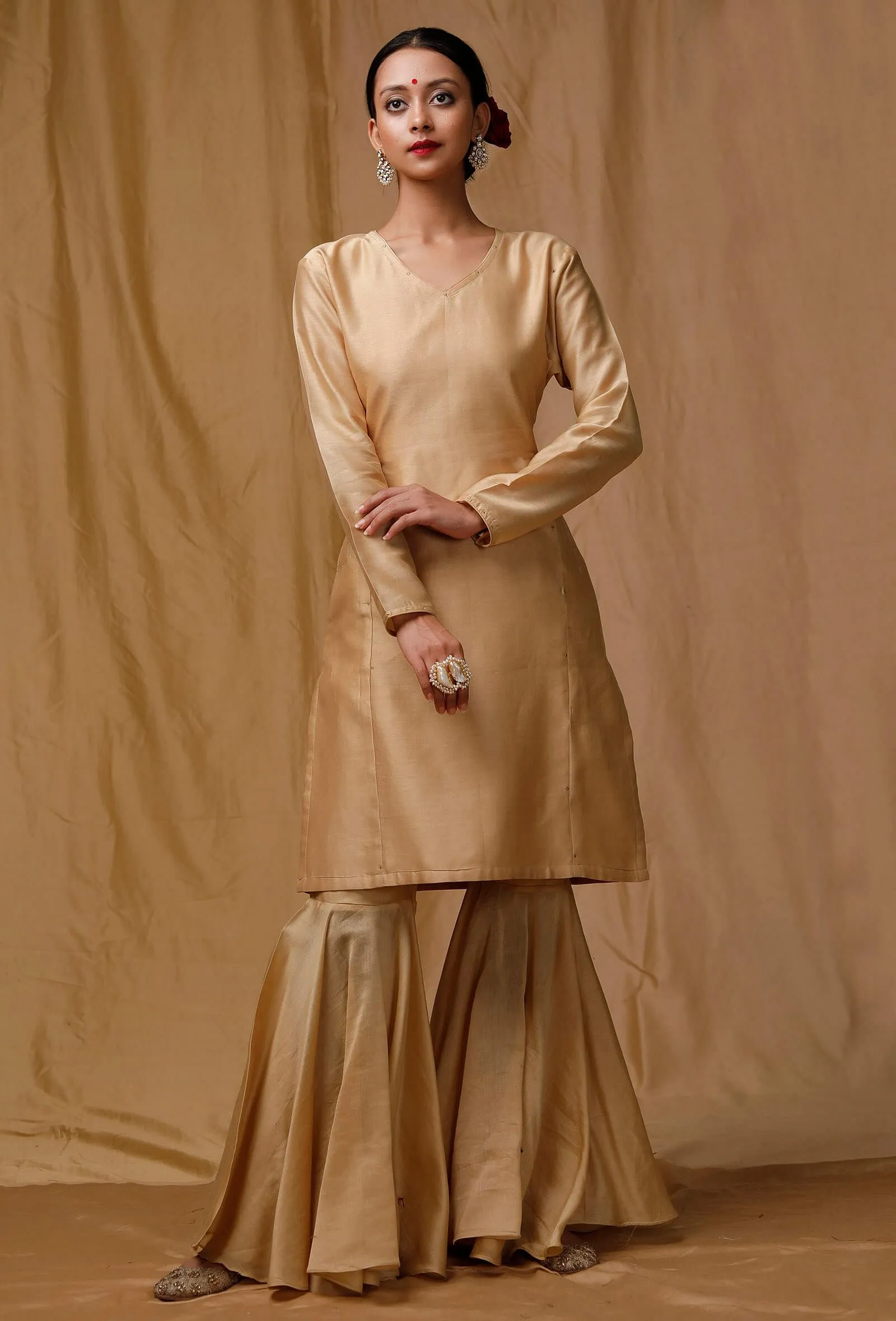 Golden Plain Banarasi Chanderi Silk Kurta