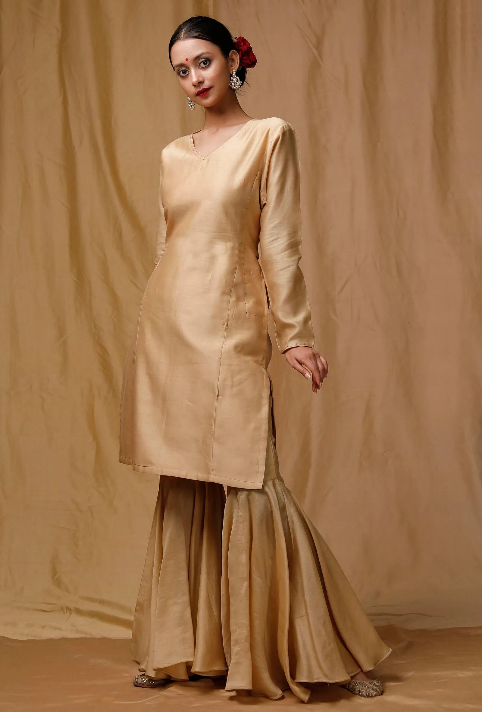 Golden Plain Banarasi Chanderi Silk Kurta