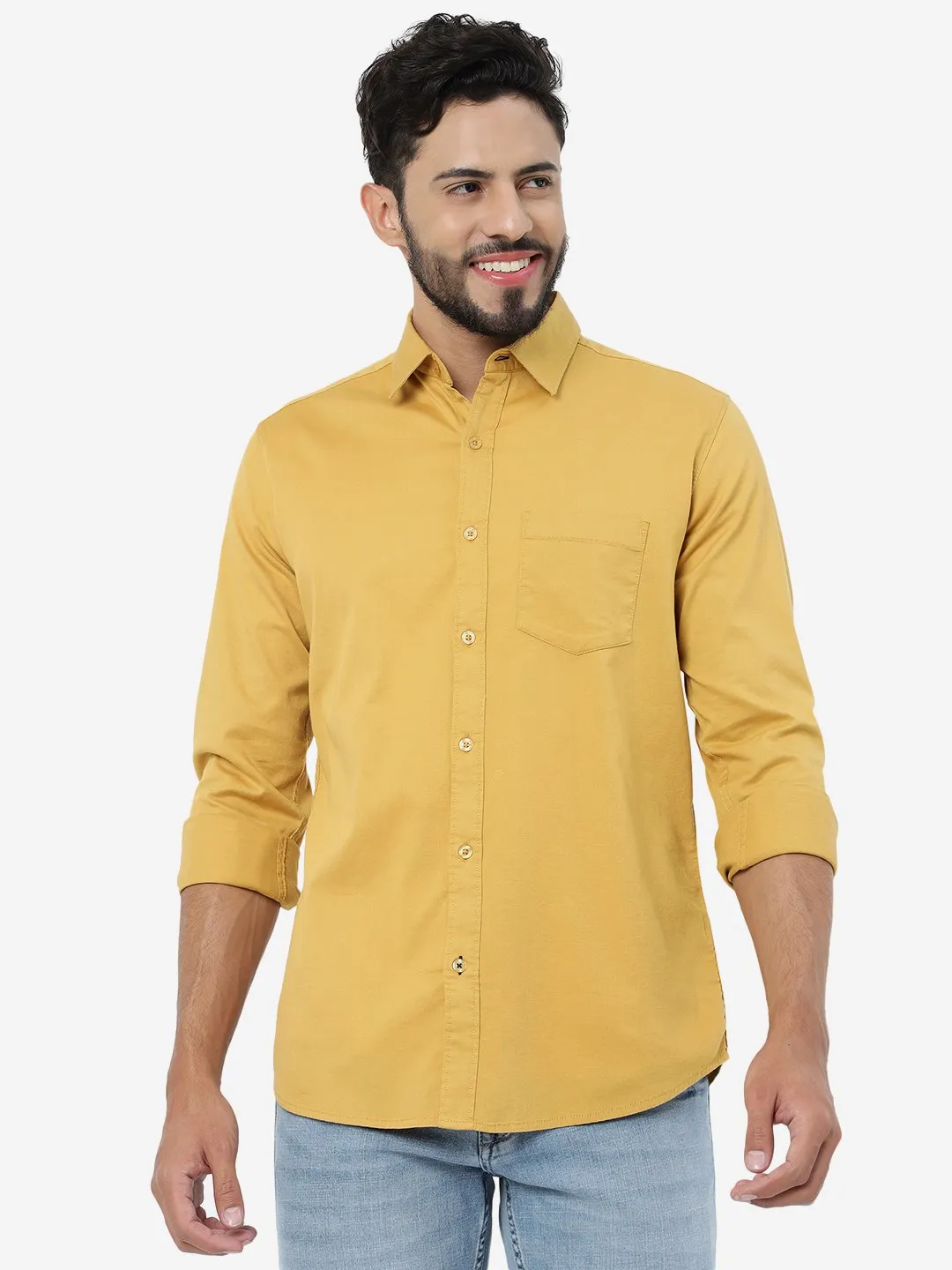 Golden Solid Slim Fit Casual Shirt | JadeBlue