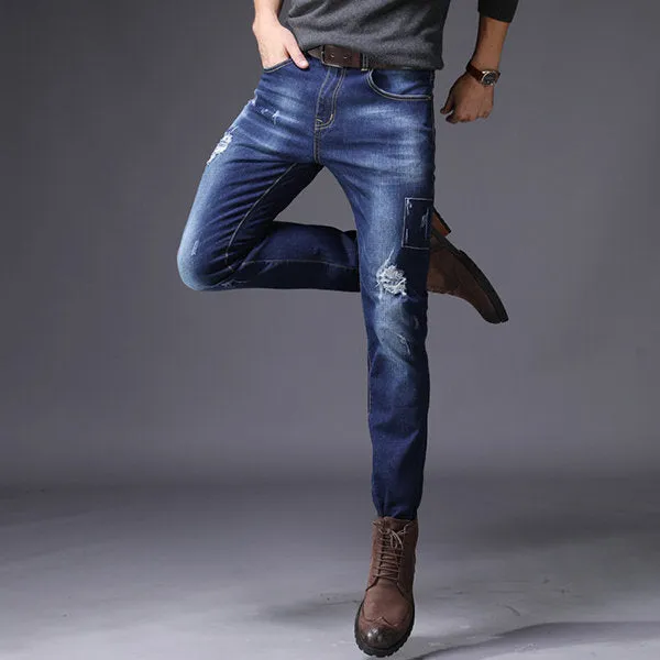 High Elastic Ripped Hole Jean Slim Fit Straight