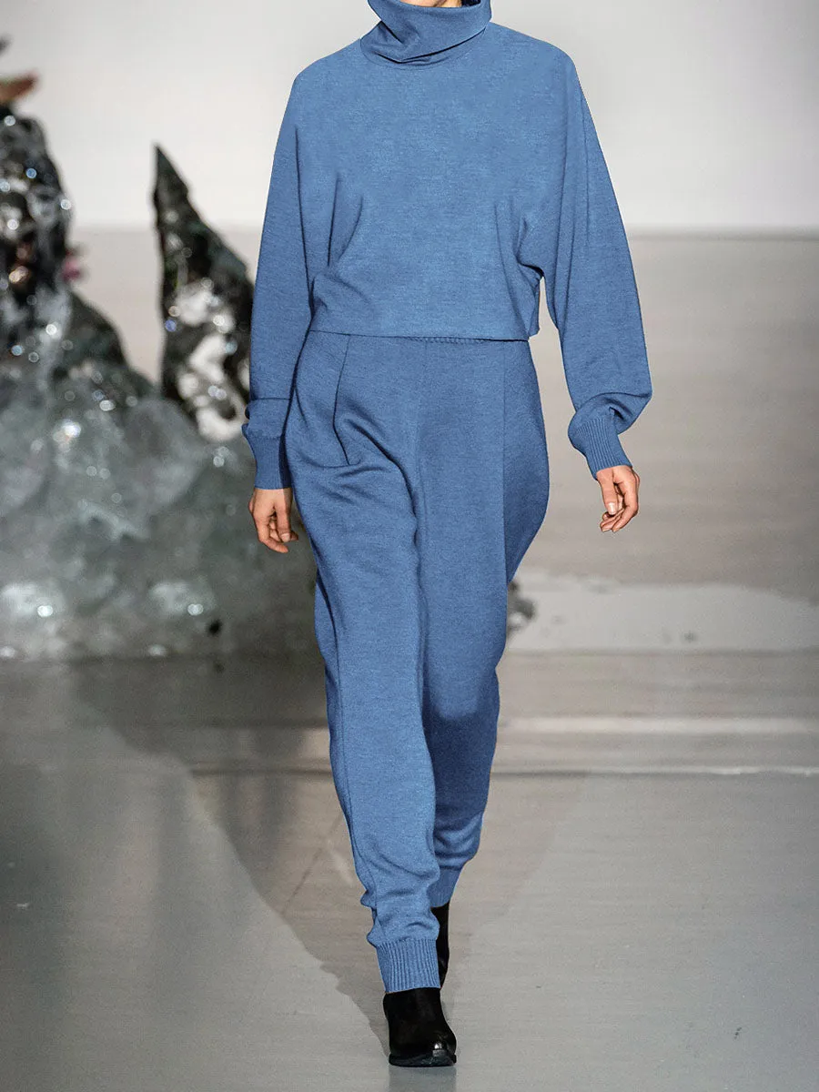 High-neck Long-sleeved Top and Trousers Knitted Two-piece Suit