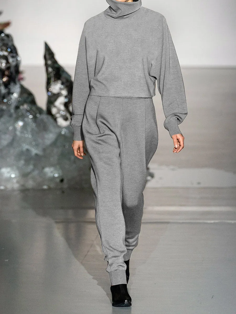 High-neck Long-sleeved Top and Trousers Knitted Two-piece Suit