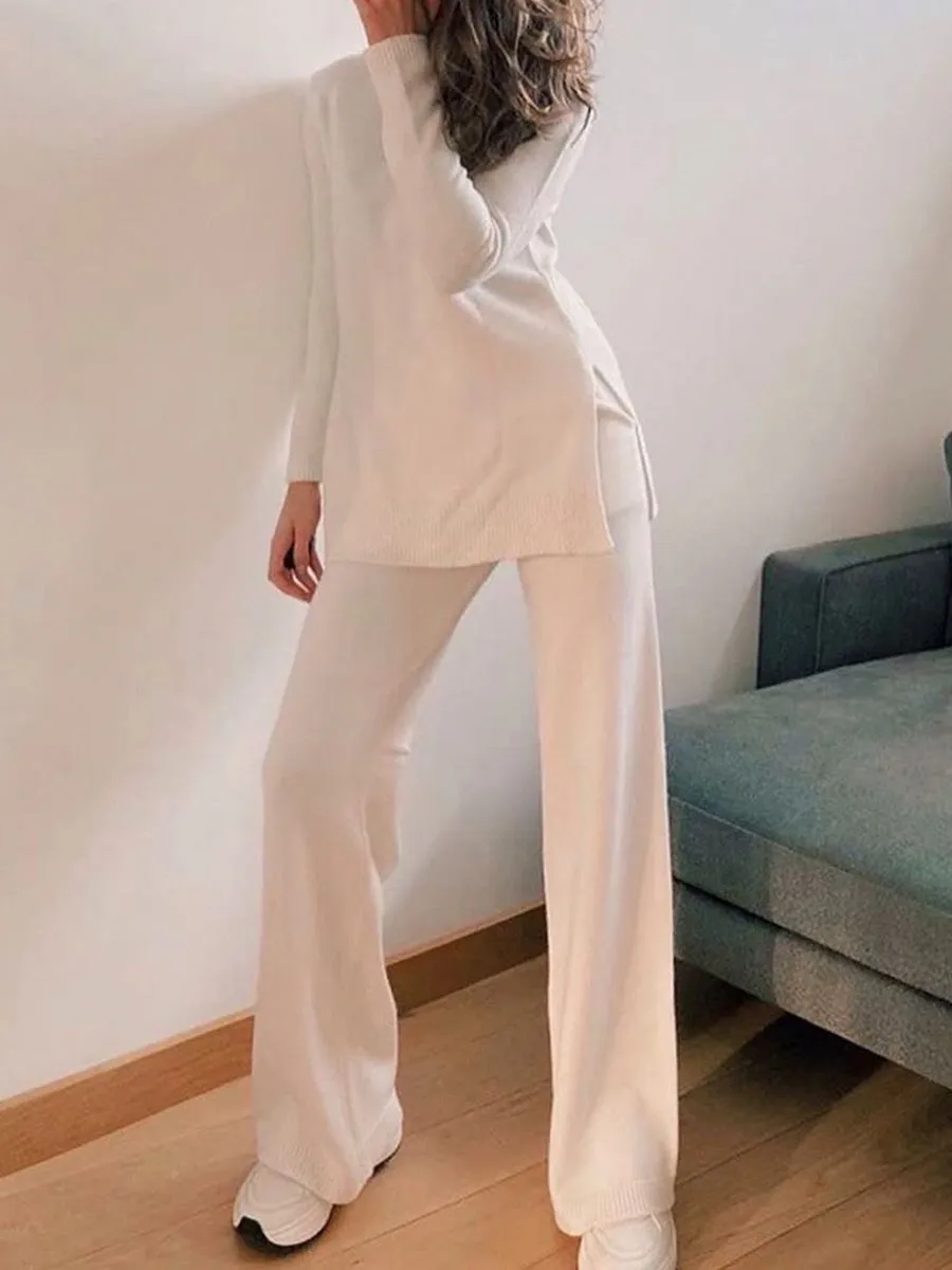 High Neck Slit Sweater Loose Trousers Set for Women