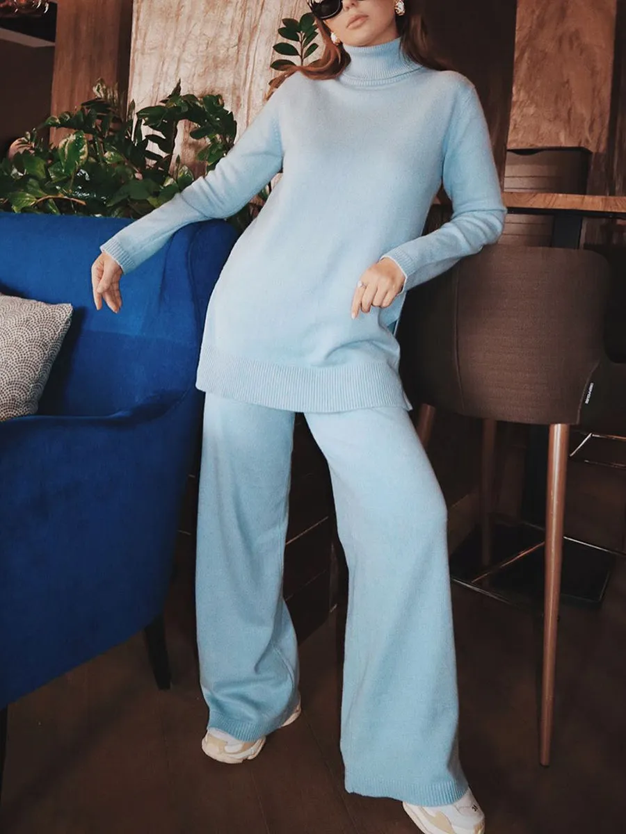 High Neck Slit Sweater Loose Trousers Set for Women